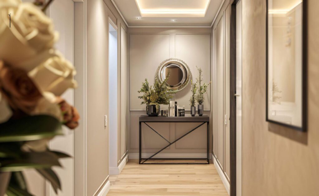 A kerek tükör lágyítja a tér vonalait