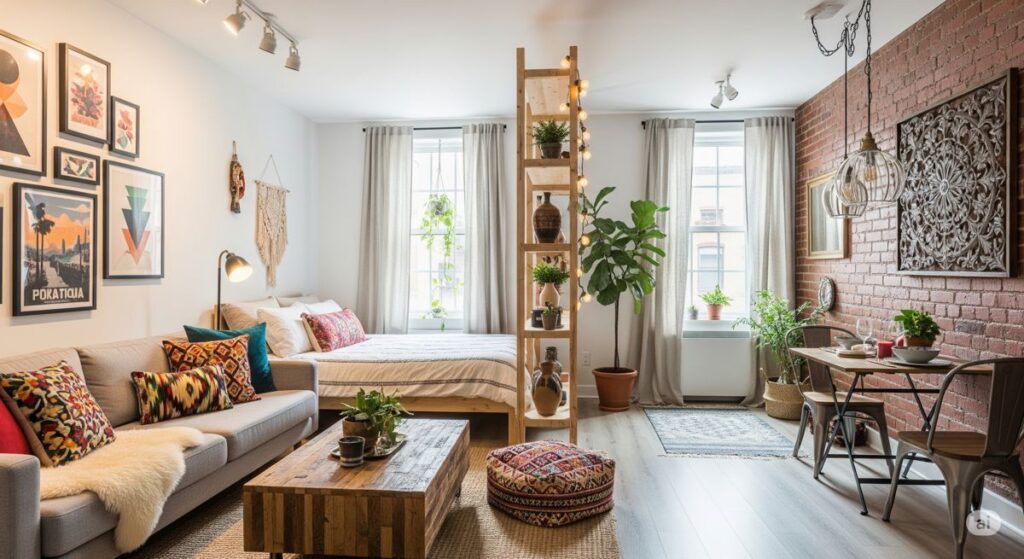 Zónák kialakítása. Ha egyetlen térben van nappali, háló és konyha, különböző stíluselemekkel választhatjuk el őket.