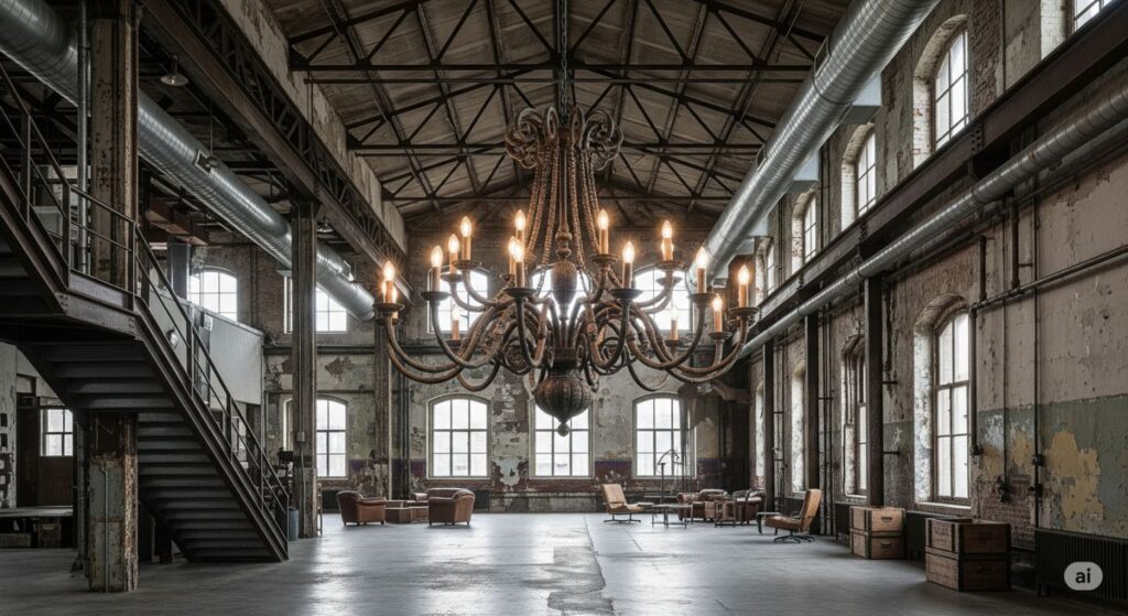 Egy feltűnő csillár tökéletes fuzionális kiegészítő lehet, hiszen a luxust az ipari stílussal ötvözi.